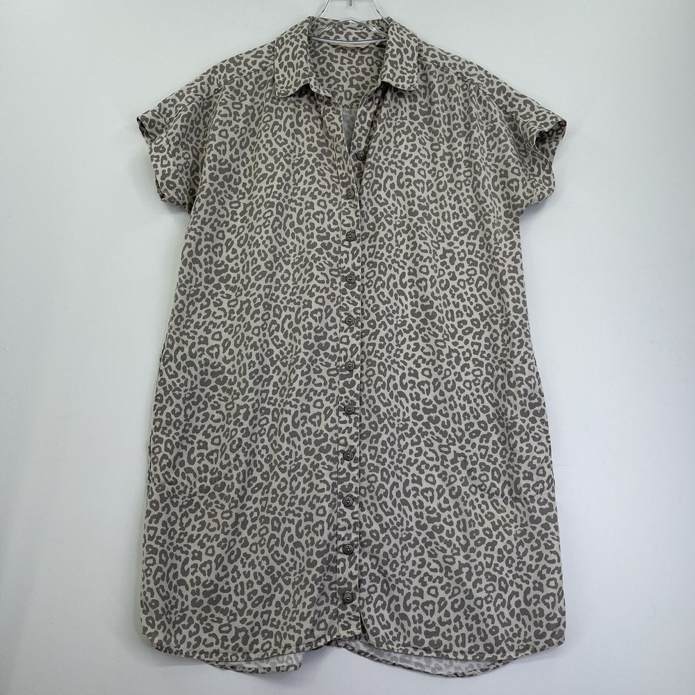 Soft Surroundings Womens Shirt Dress Medium Beige Print Pockets Short Sleeve